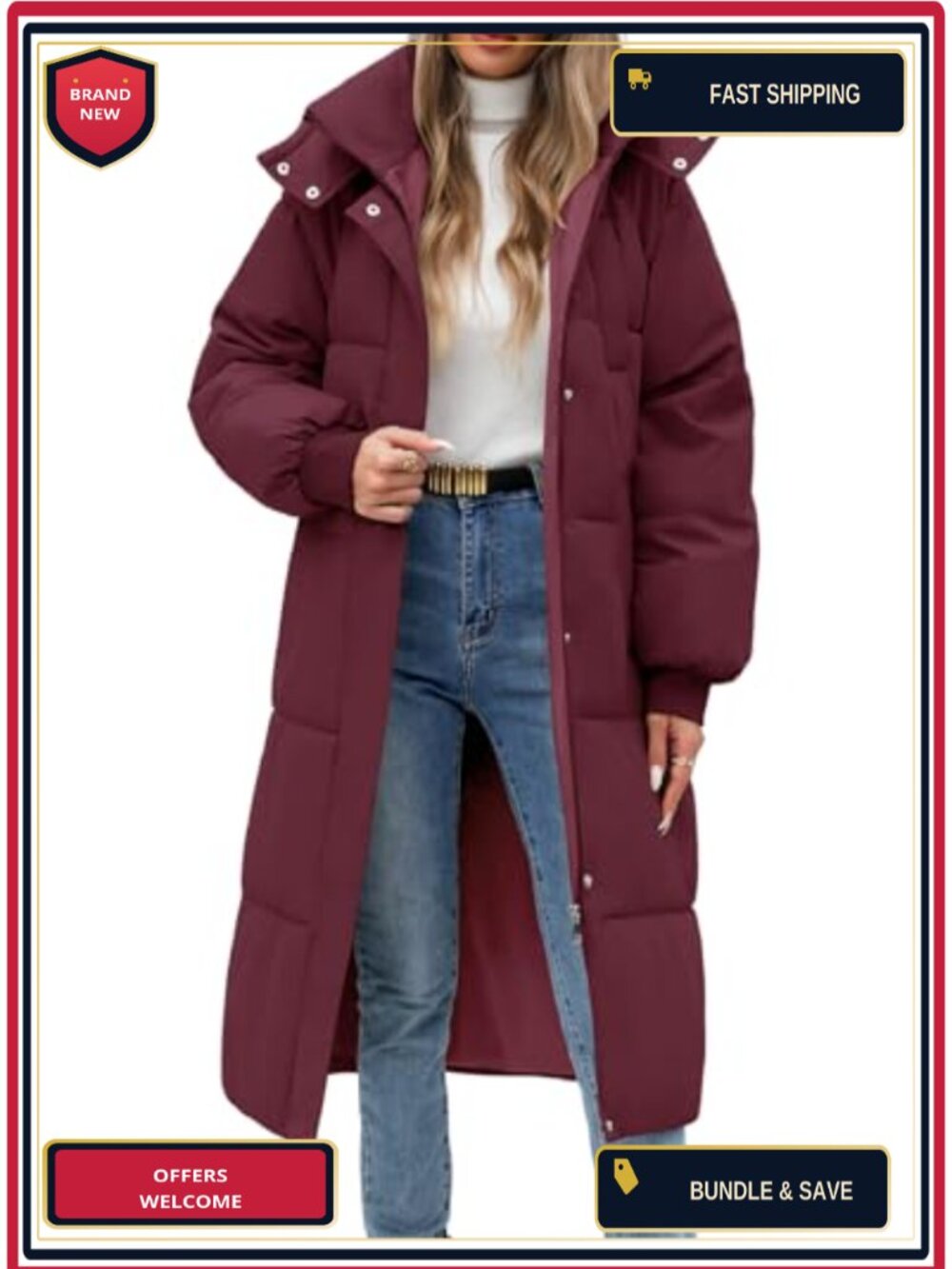 Women's Long Puffer Coat Hooded Winter Parka Quilted Down Jacket